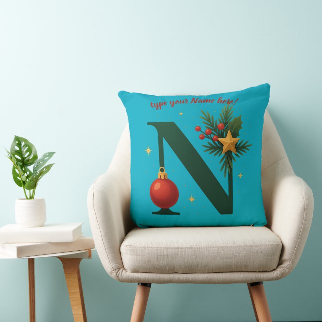 Elegant Green Letter N Festive Throw Pillow (Chair)