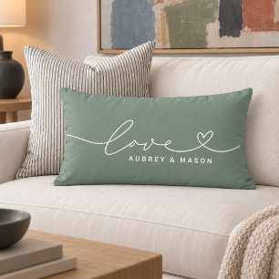 Elegant Green Love Heart Script Couple Names Lumbar Pillow