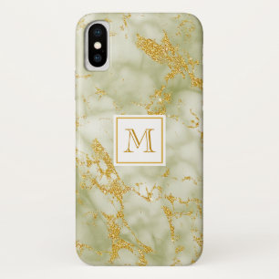 Elegant Green Marble Monogram Faux Gold Glitter Case-Mate iPhone Case