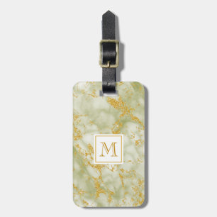 Elegant Green Marble Monogram Faux Gold Glitter Luggage Tag