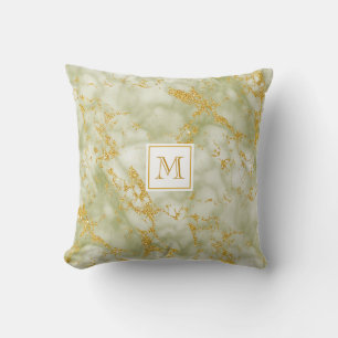 Elegant Green Marble Monogram Faux Gold Glitter Throw Pillow