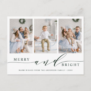Elegant Green Merry & Bright 3 Photo Holiday Postcard