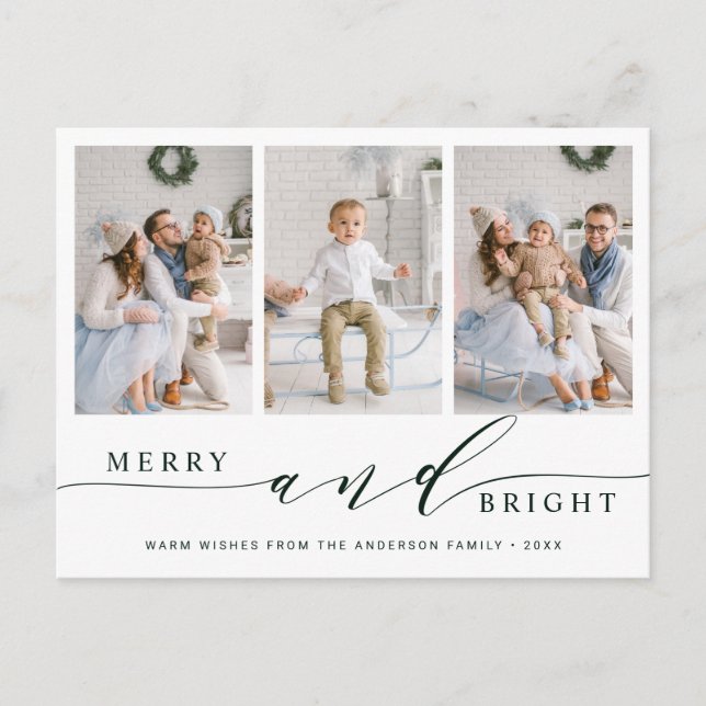Elegant Green Merry & Bright 3 Photo Holiday Postcard (Front)