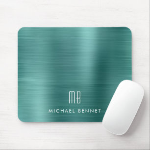 Elegant Green Metallic Monogram Name Mouse Pad