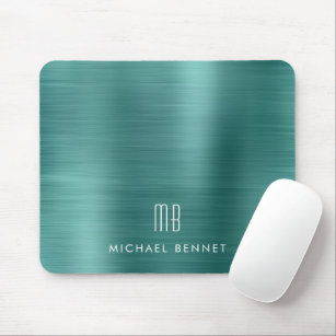 Elegant Green Metallic Monogram Name Mouse Pad