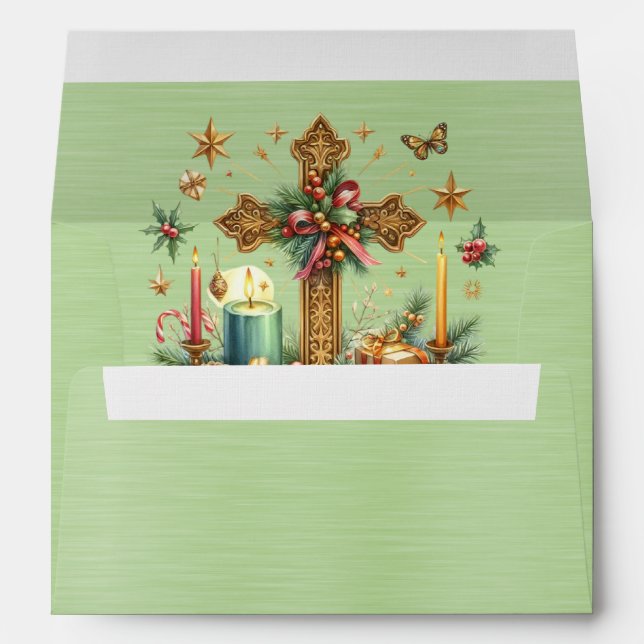Elegant Green Metallic With Gold Cross Candles Envelope (Back (Bottom))