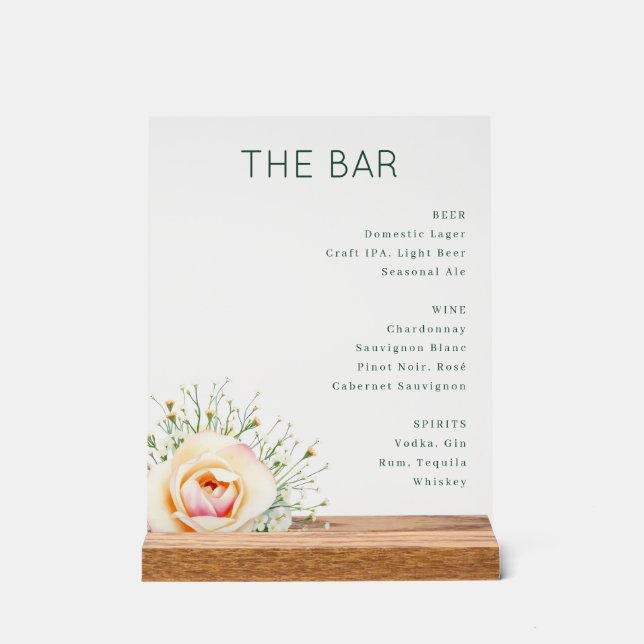 Elegant Green Minimalist Bar Menu Acrylic Sign (Front)