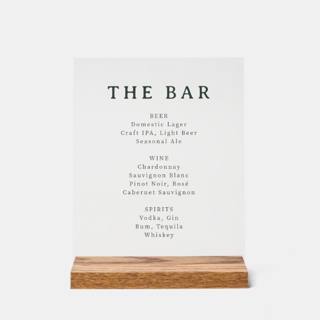 Elegant Green Minimalist Bar Menu Acrylic Sign (Front)