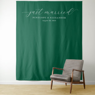Elegant Green Minimalist Just Married Backdrop Tapestry