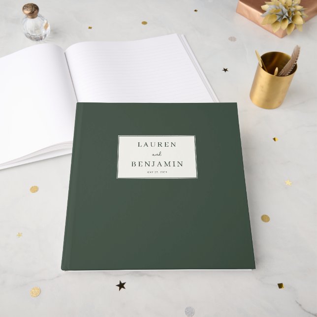 Elegant Green Minimalist Label Guest Book (Front Open)