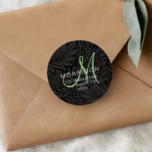 Elegant Green Monogram Black Floral Return Address Classic Round Sticker