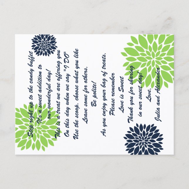 Elegant Green Navy Floral Burst Candy Buffet Cards (Front)