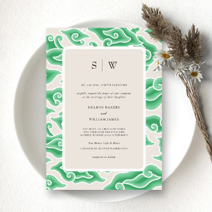 Elegant Green Ocean Waves Monogram Wedding Invitation