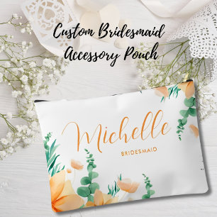 Elegant Green Orange Rustic Wildflowers Bridesmaid Accessory Pouch