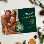 Elegant Green Ornament Photo Christmas Foil Holiday Card<br><div class="desc">Sophisticated family christmas holiday card featuring a dark green background,  an elegant green & gold foil xmas ornament,  your family name,  message,  and a photo template for you to replace with your own.</div>