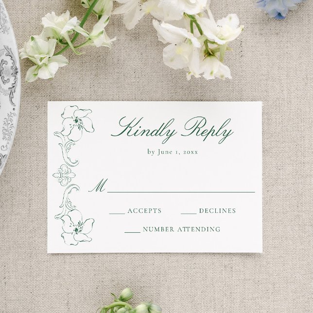 Elegant Green Ornate Floral Frame Wedding RSVP Card (Creator Uploaded)