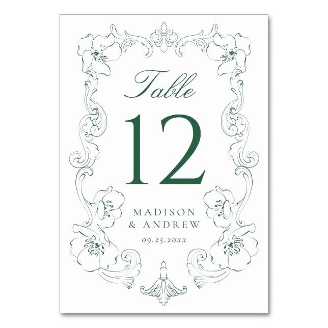 Elegant Green Ornate Floral Frame Wedding Table Number (Front)