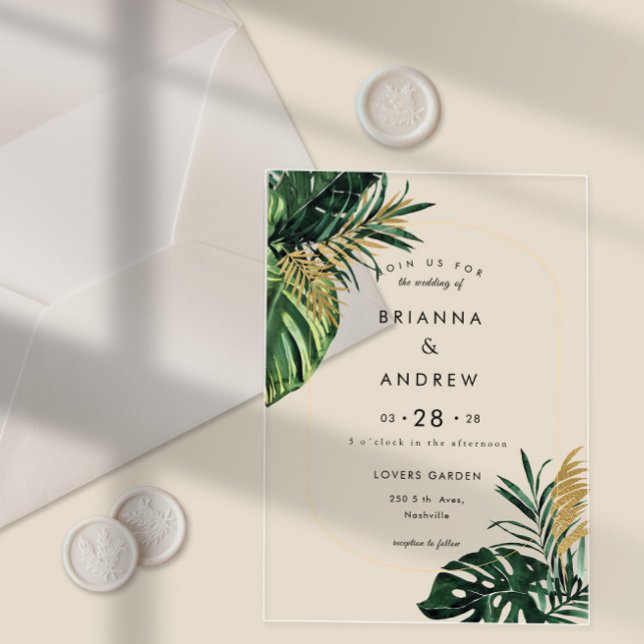 Elegant, Green Palm, Gold (Imitation) Border Acrylic Invitations (Elegant, Green Palm, Gold (Imitation) Border Wedding Acrylic Invitations)