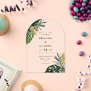 Elegant, Green Palm, Gold (Imitation) Border Acrylic Invitations