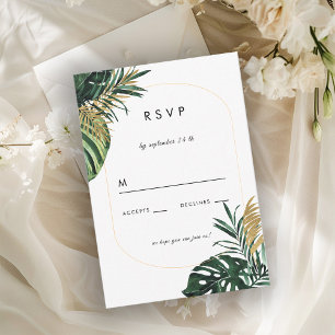 Elegant, Green Palm, Gold (Imitation) Border RSVP Card
