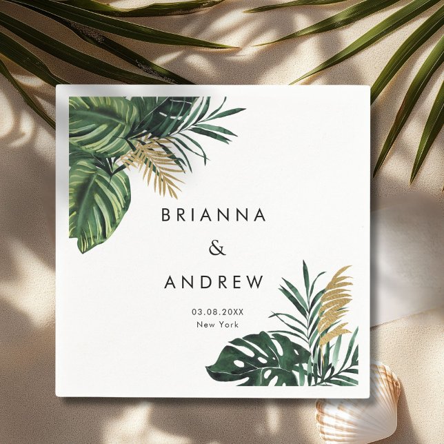 Elegant, Green Palm, Gold (Imitation)  Napkin (Custom, Elegant, Green Palm, Gold (Imitation) White Napkins with your Name & Date.)