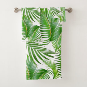 Elegant Green Palm Leaves on White Bath Towel Set