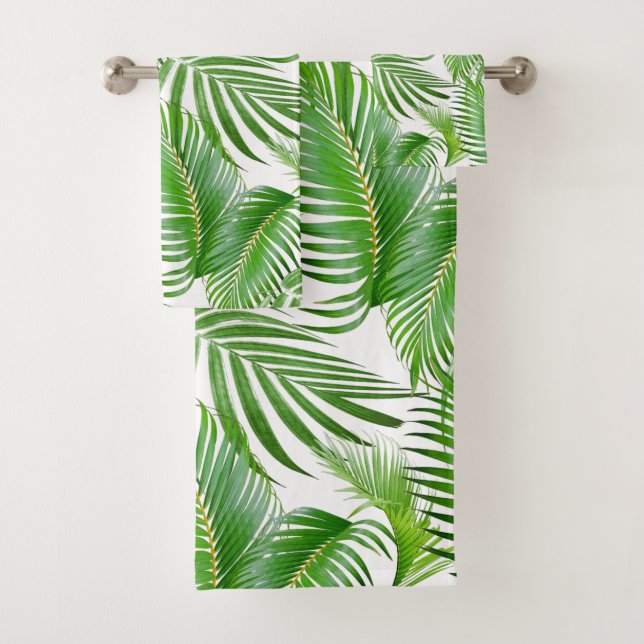 Elegant Green Palm Leaves on White Bath Towel Set (Insitu)