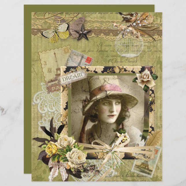Elegant Green Paris Dream Collage Scrapbook Paper (Front/Back)