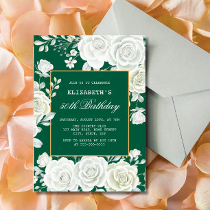 Elegant Green Pastel White Rose Floral Birthday Invitation