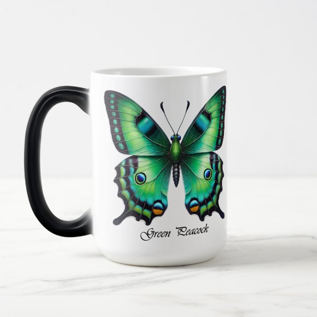 Elegant Green Peacock Butterfly Wrap  Magic Mug (Left)