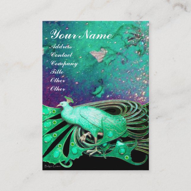 ELEGANT GREEN PEACOCK,LEAVES AND FLORAL SPARKLES BUSINESS CARD (Front)