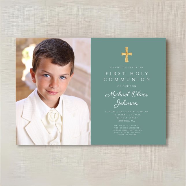 Elegant Green Photo Boy First Communion Invitation (Elegant Green Photo Boy First Communion Invitation)