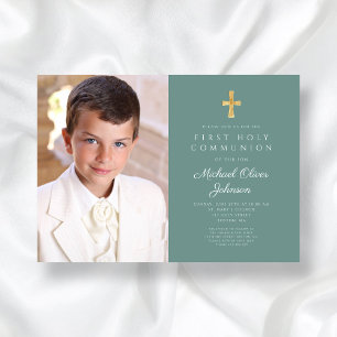Elegant Green Photo Boy First Communion Invitation