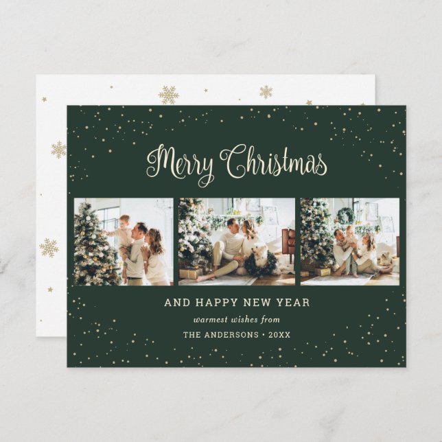 Elegant Green Photo Collage Christmas Cards (Front/Back)