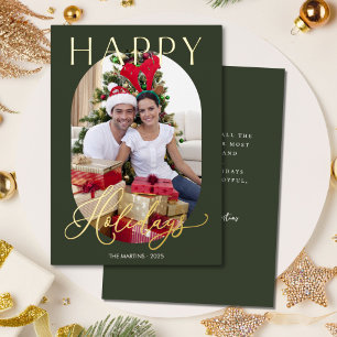 Elegant Green Photo Gold Foil Holiday Card