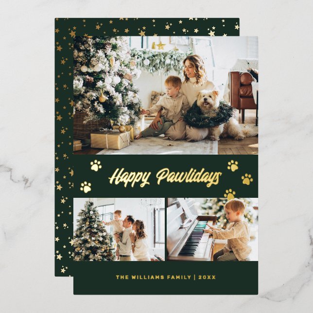 Elegant Green Photo Happy Pawlidays Gold Foil Holiday Card (Front/Back)
