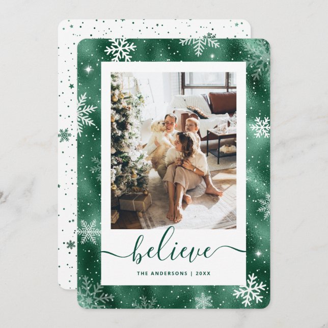 Elegant Green Photo Snowflake Holiday Card (Front/Back)