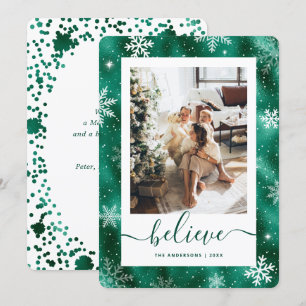 Elegant Green Photo Snowflake Holiday Card