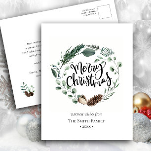 Elegant Green Pine Cone Foliage Wreath Watercolor Holiday Postcard