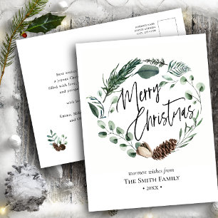 Elegant Green Pine Cone Foliage Wreath Watercolor Holiday Postcard