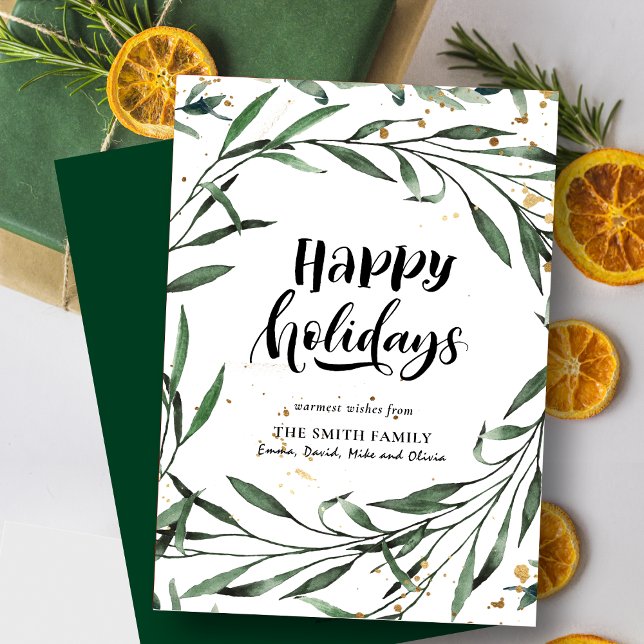 Elegant Green Pine Foliage Gold Confetti Greenery Holiday Card (Creator Uploaded)