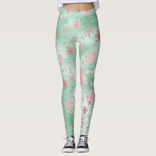 Elegant Green Pink Christmas Snowflake Pattern Leggings