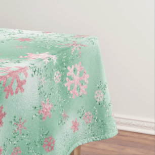 Elegant Green Pink Christmas Snowflake Pattern Tablecloth