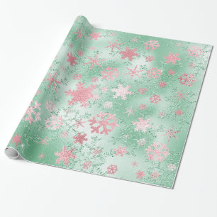 Elegant Green & Pink Christmas Snowflake Pattern Wrapping Paper