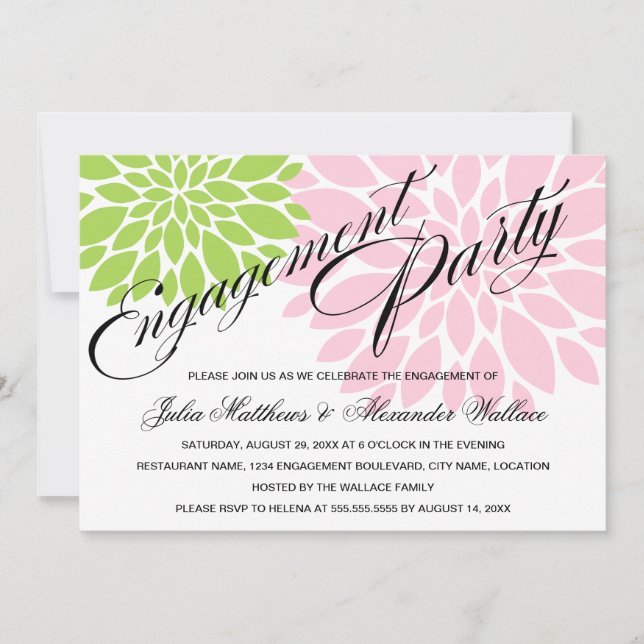 Elegant Green Pink Floral Burst Engagement Party Invitation (Front)