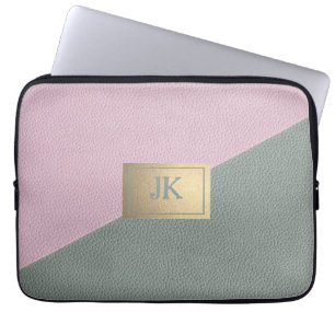 Elegant Green Pink Leather Monogram   Laptop Sleeve
