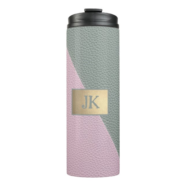 Elegant Green Pink Leather Monogram   Thermal Tumbler (Front)