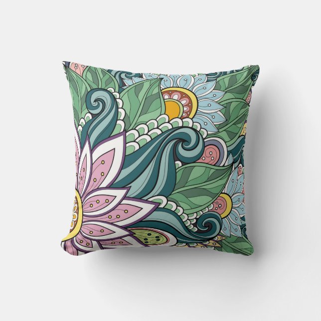Elegant Green Pink White Flowers And Swirl Throw Pillow (Front)