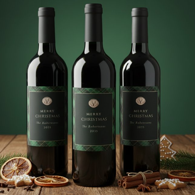 Elegant Green Plaid Merry Christmas Festive Wine Label (Christmas Green Plaid Wine Labels)