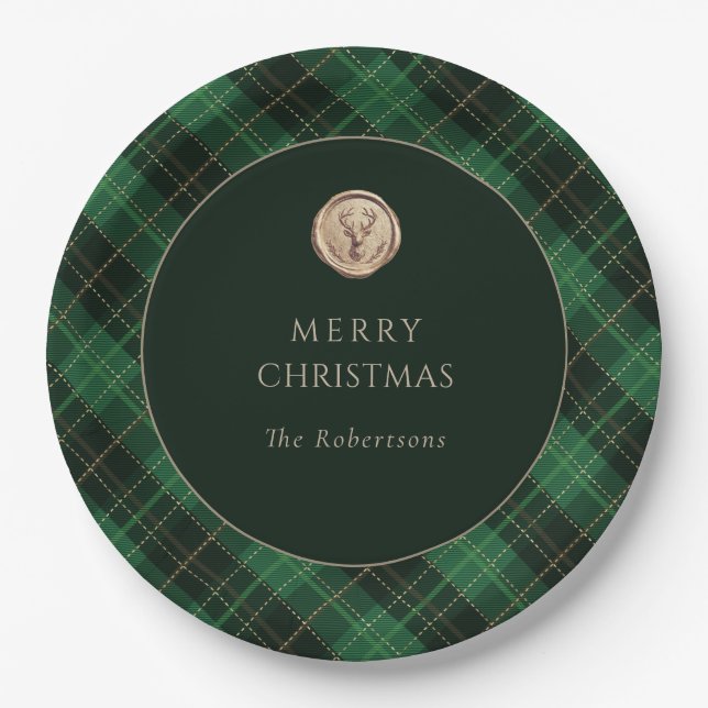 Elegant Green Plaid Merry Christmas Holiday Party  Paper Plate (Front)